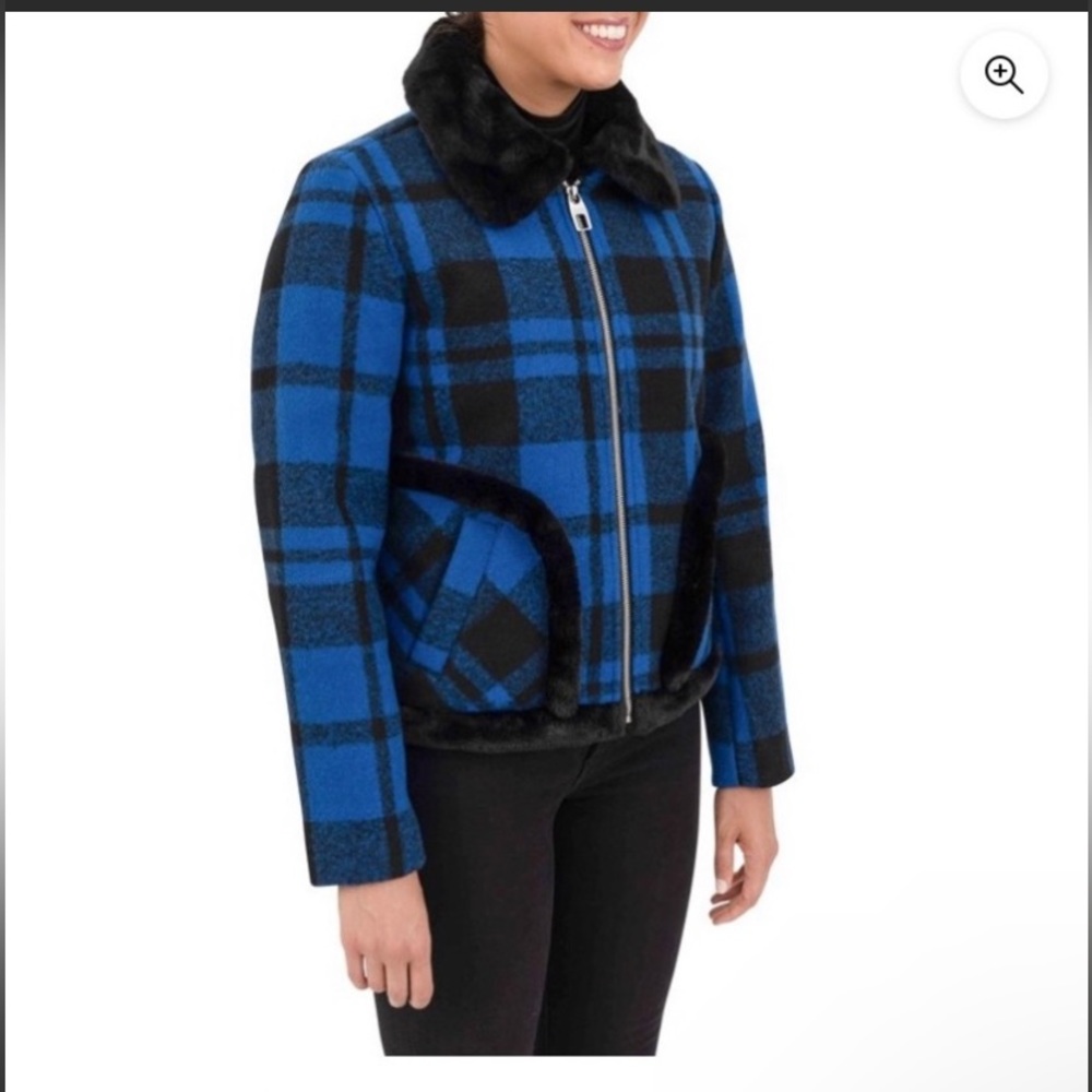 Cyn & Luca Blue & black Plaid Bomber Jacket with Faux Fur Trim